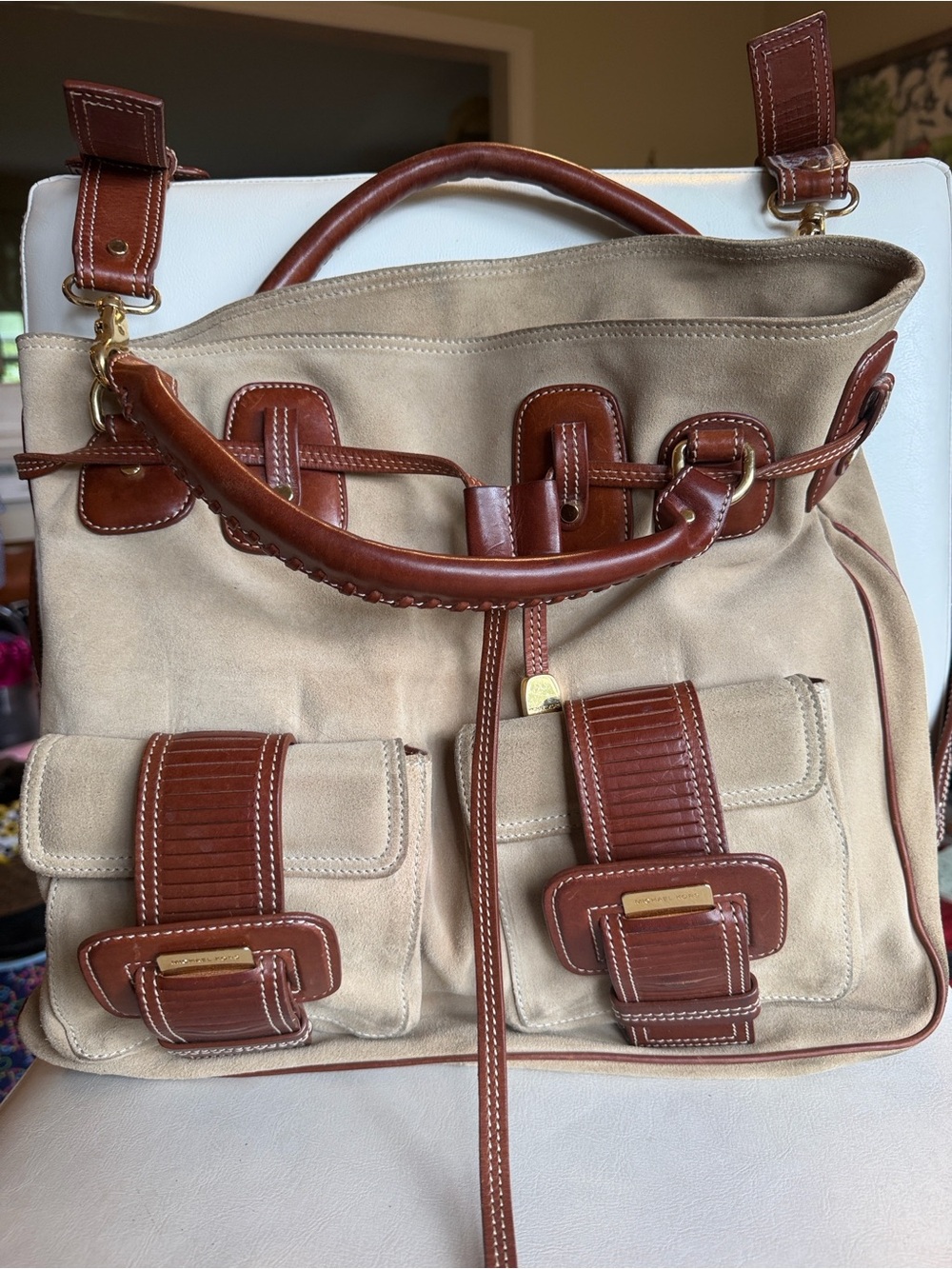 Michael Kors Large Canvas & Cognac Leather Utility Satchel Shoulder Tote